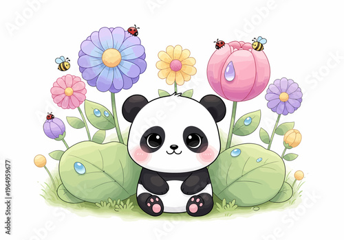 Cute Cartoon Panda Sitting Alone.