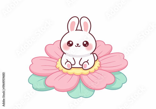Cute White Bunny Sitting on Flower.
