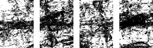 Set of four grunge textures, distressed overlay patterns, black and white abstract backgrounds for design, rough surface effects, vector illustration