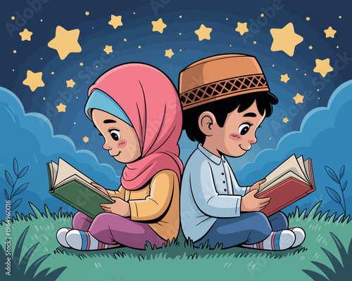 A boy and a girl sit back-to-back on a grassy patch while reading books under the stars. The scene is illuminated by a large glowing moon and twinkling stars in a dreamy blue night. 