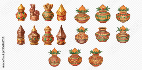 Set of traditional Indian Kalash pots and decorative finials, cultural and religious symbols.