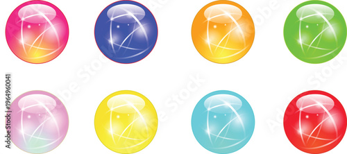 A collection of eight colorful glossy spheres with white abstract light reflections on white background isolated on transparent background