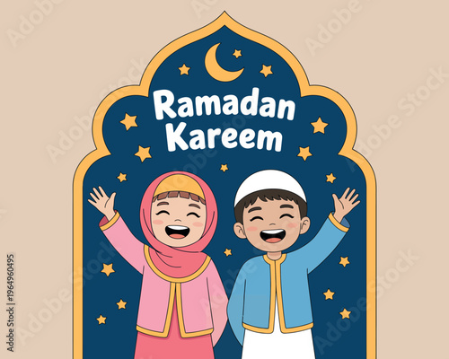 Two happy children are depicted inside a decorative archway under a starry night sky. The text "Ramadan Kareem" sits at the top to wish viewers a generous and blessed holiday.