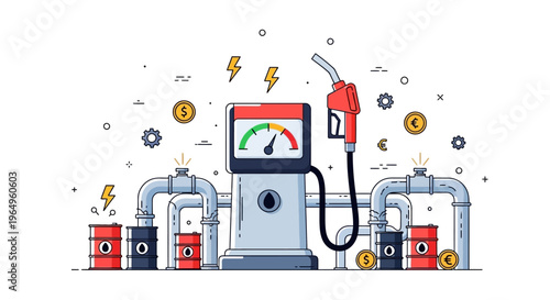 An illustration depicting an oil supply crisis with a gas pump, pipes, and industrial icons on a white background, symbolizing energy shortage and price increase in the oil industry.