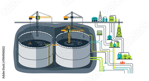 An illustration depicting an oil refinery with storage tanks and industrial equipment, conveying an energy crisis and oil supply shortage with a complex industrial background.