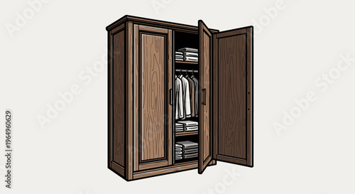 Brown wooden wardrobe with shelves.