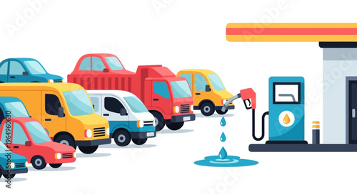 Illustration of a long line of colorful vehicles waiting at a gas pump with oil leaking on the ground, depicting an energy crisis or oil supply shortage in a stylized cartoon manner.