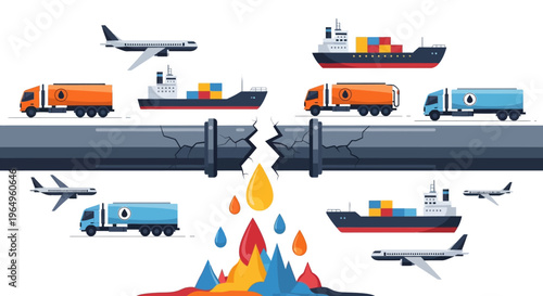 Illustration of various transportation modes disrupted by an oil crisis with a burning background