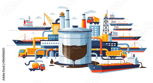 Illustration of industrial oil supply crisis scene with airplane, ships, and machinery against a background, depicting energy crisis and price increase in the world business and