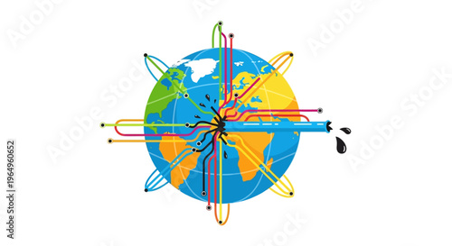 Illustration of the Earth with colorful airplane icons radiating from it, symbolizing global oil supply crisis and energy shortage in a stylized design.