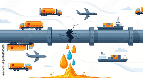 Illustration of a cracked pipeline with oil leakage, surrounded by airplanes, trucks, and a ship, symbolizing an oil supply crisis and energy shortage in the transportation industry.
