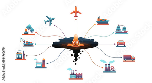 Illustration depicting global oil supply crisis with various transportation modes and industrial icons connected to an oil well, symbolizing energy shortage and price increase in a world