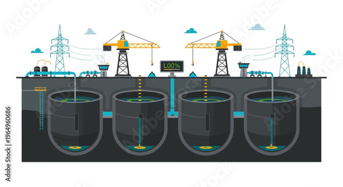 An illustration depicting an oil supply crisis with industrial oil tanks and rigs in the background, highlighting energy shortage and price increase concerns in the industry and world