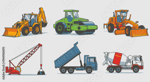 Construction vehicles in a row line.