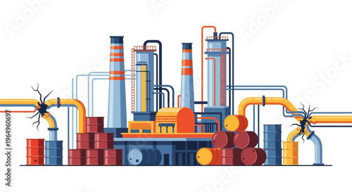 Illustration of an industrial oil refinery with smokestacks and pipes on a white background, representing the oil industry and energy sector.