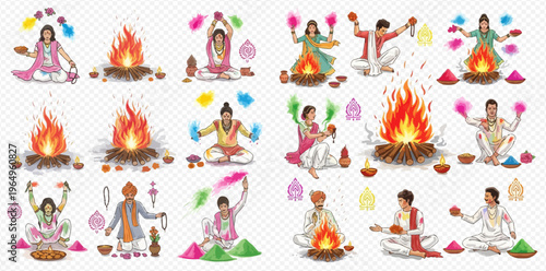 Set of illustrations depicting people celebrating the Hindu festival of Holi with bonfires and colorful powders.