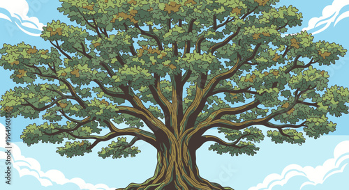 Large tree with green leaves standing.