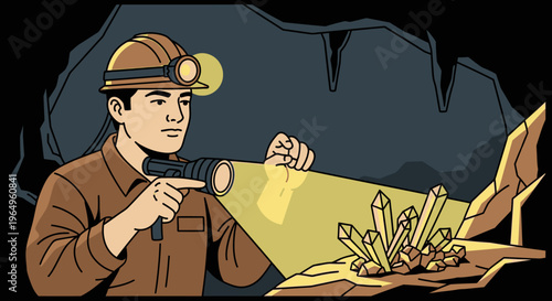 Man holding a flashlight on minerals.