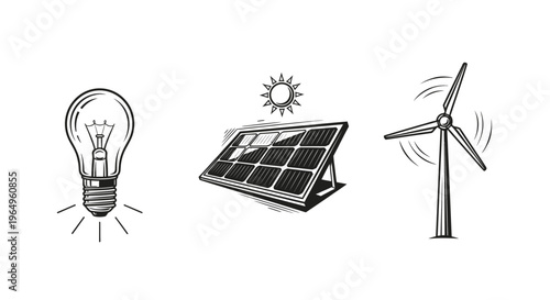 Renewable energy icons light bulb solar panel wind turbine.