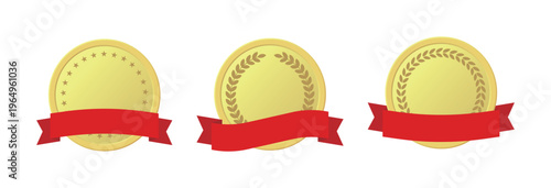 Set of golden medal emblems with red ribbons. Luxury gold seals with laurel wreaths and stars on white background for award, trophy, and premium quality certification.