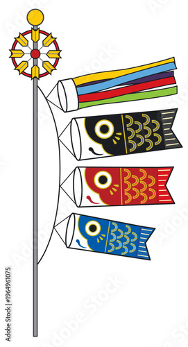 ポール付き鯉のぼりイラスト 真鯉 緋鯉 子鯉 吹き流し こどもの日 日本の伝統イラスト