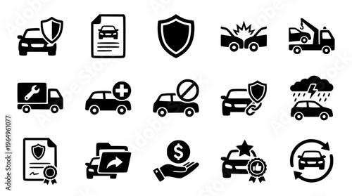 Set of black car insurance and protection icons design