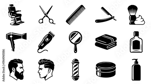 Black and white vector graphic illustration of barber tools