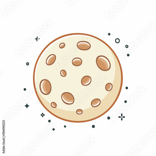 Stylized graphic depiction of a full moon, featuring visible craters and a playful cosmic background motif