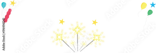 Festive celebration background featuring bright yellow sparklers and colorful floating balloons isolated on transparent background