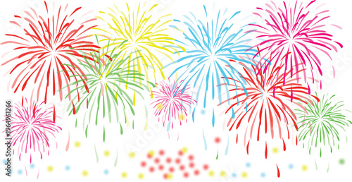 A vibrant and colorful display of fireworks lighting up the sky during a festive celebration night isolated on transparent background