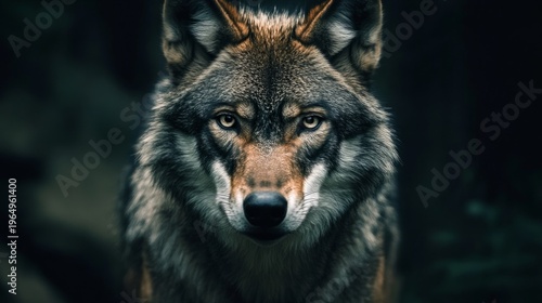 wolf staring directly into camera, intense eyes, dark forest background, generative ai