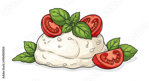 Fresh Mozzarella Cheese with Tomatoes and Basil - Italian Food Illustration