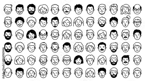 Diverse set of cartoon faces with various expressions