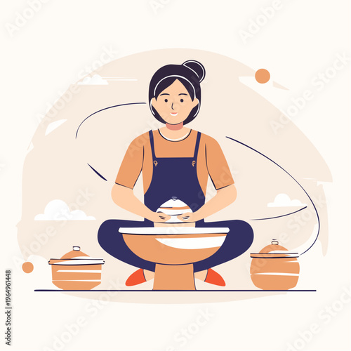 Young Woman Crafting Clay Pottery on a Wheel, Expressing Creativity and Artistic Skill