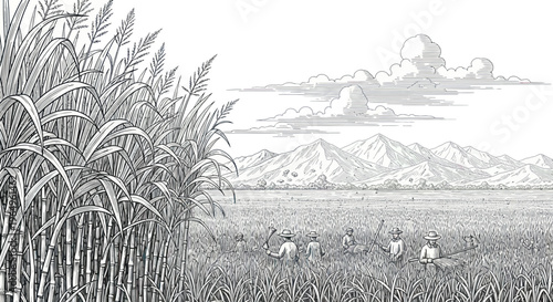 Sugarcane Harvest in Rural Landscape with Mountains and Clouds
