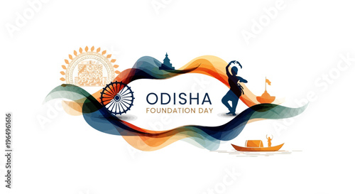 Vector illustration of Odisha Foundation Day celebration with colorful design elements and logo on white background.