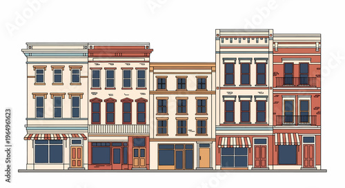 Row of colorful old brick buildings.