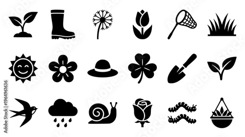 Garden icons featuring plants and gardening tools vector illustration