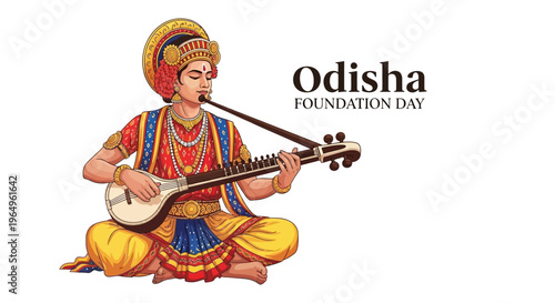 Illustration of a traditional Indian musician playing a stringed instrument on Odisha Foundation Day with vibrant colors and cultural elements.