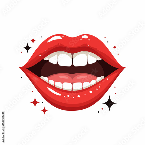 Glamorous red lips with a sparkling open mouth, showcasing white teeth