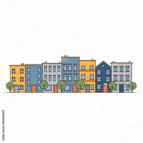 Row of colorful urban residential buildings.
