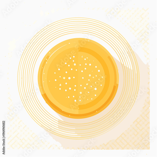 Yellow beverage with frothy topping, viewed from above, set against a light background with circular patterns
