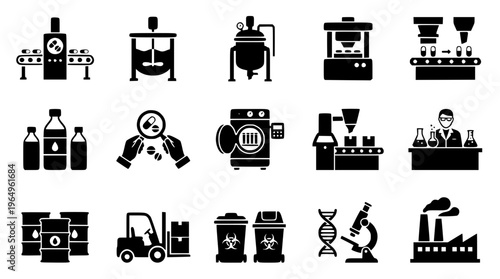 Pharmaceutical factory and laboratory equipment vector graphic illustration set