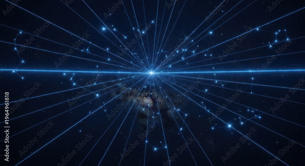 Fototapeta premium A network of light beams connecting star-like points, centered over a galaxy