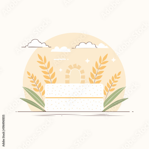 Illustrative design of a stylized stone monument or altar framed by golden wheat, embodying growth and remembrance