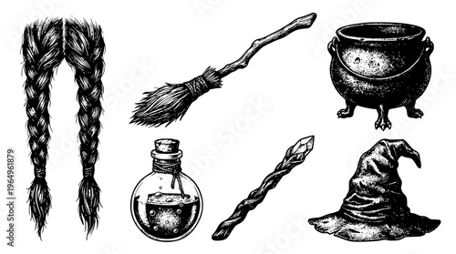 Witchcraft symbols and magical objects in a vector illustration