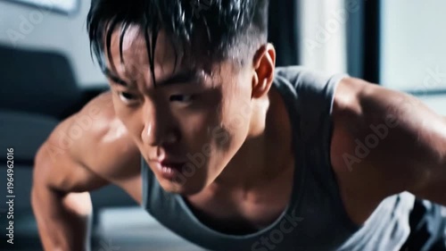 A close-up of a focused man with short black hair wearing a gray tank top