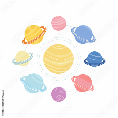 Colorful cartoon-style solar system illustration depicting planets orbiting a bright central star, ideal for educational content and space-themed designs
