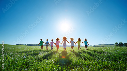 Back view of a diverse group of preschool children holding hands and running together across a green field towards the bright sun, symbolizing freedom and friendship.
