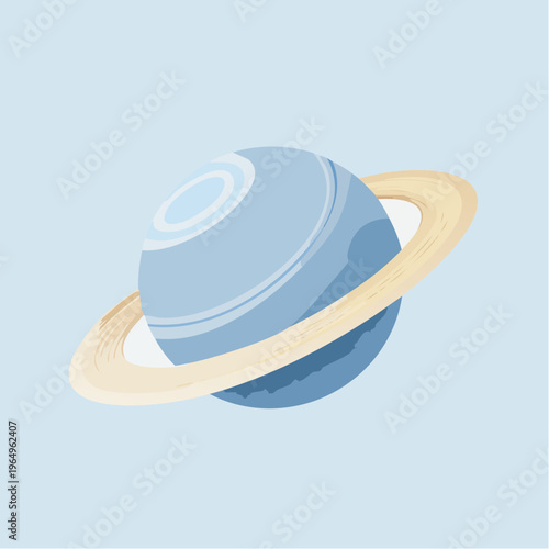 Stylized blue ringed planet illustration, a celestial body orbiting in deep space, depicting a peaceful cosmic environment